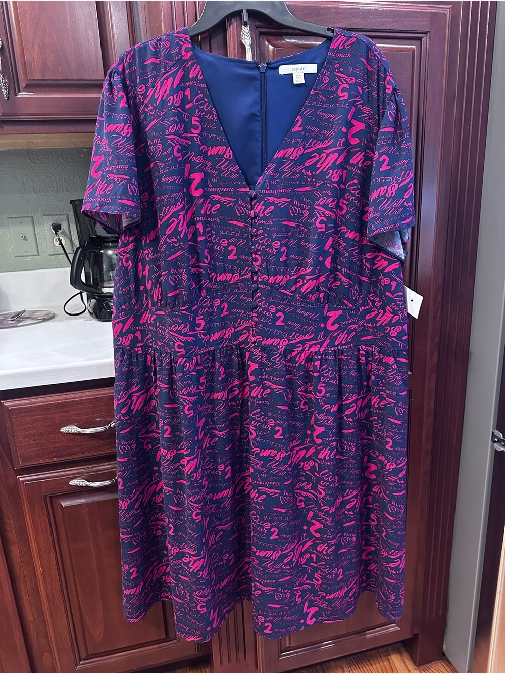 Final markdown! New! Sejour Brand Navy Pinkish Red Script Dress w/ pockets